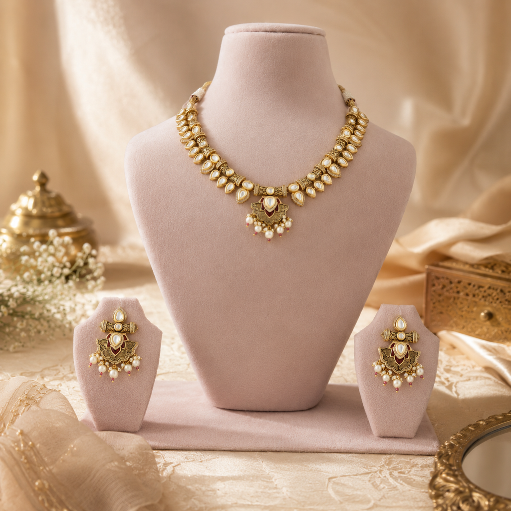 Gold-tone imitation jewellery set with clear teardrop stones and pearl-look drops