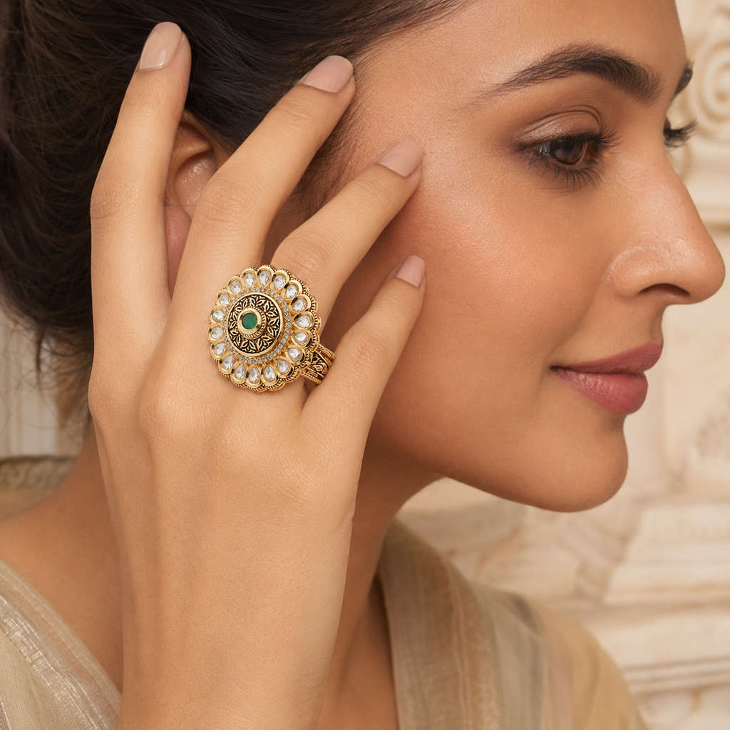 Rajvi Antique Gold Kundan-Look Statement Ring