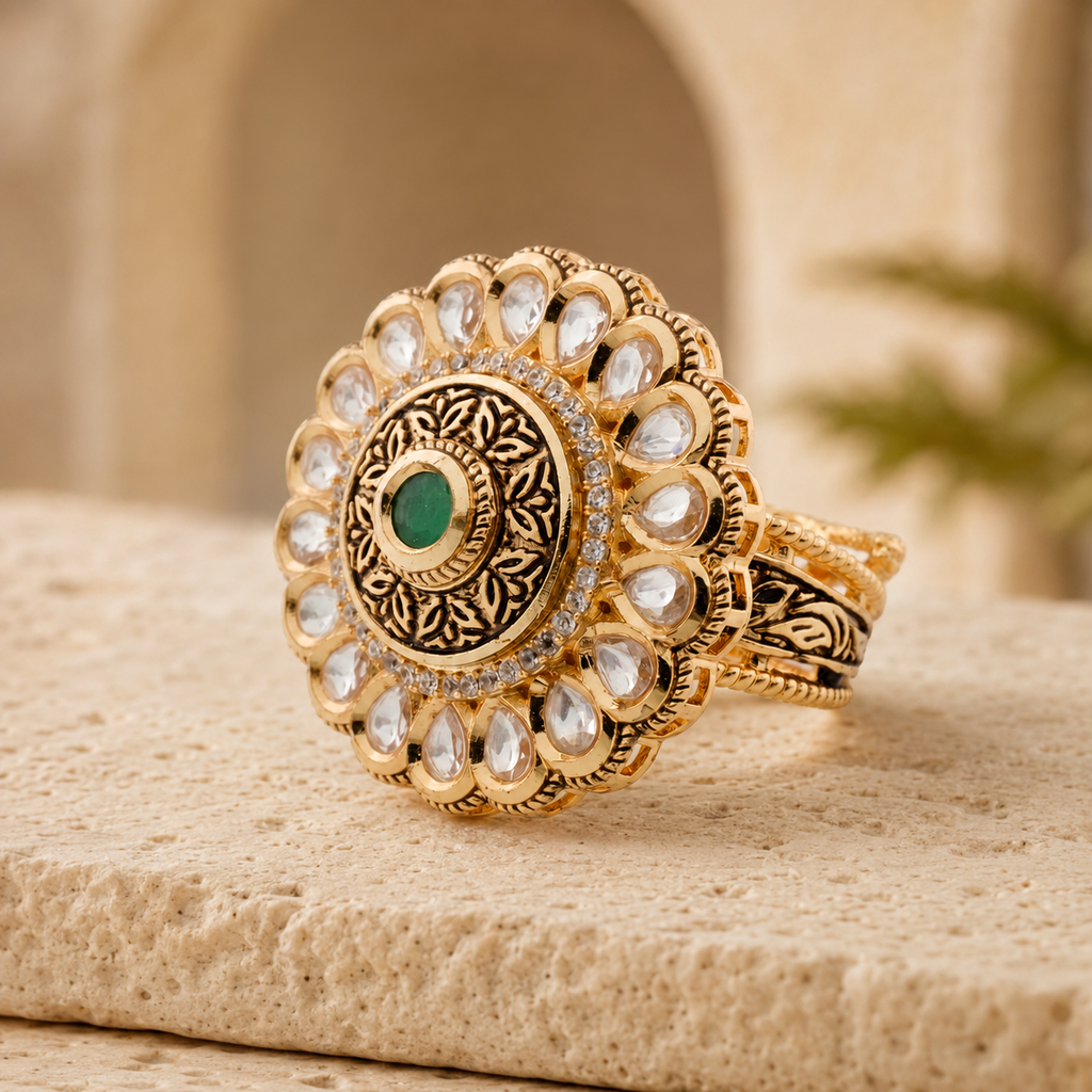 Rajvi Antique Gold Kundan-Look Statement Ring