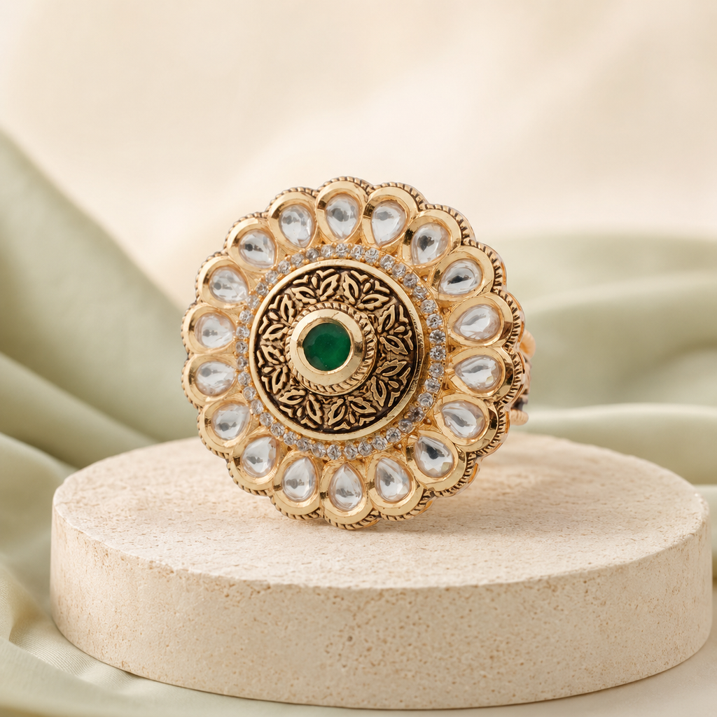 Rajvi Antique Gold Kundan-Look Statement Ring