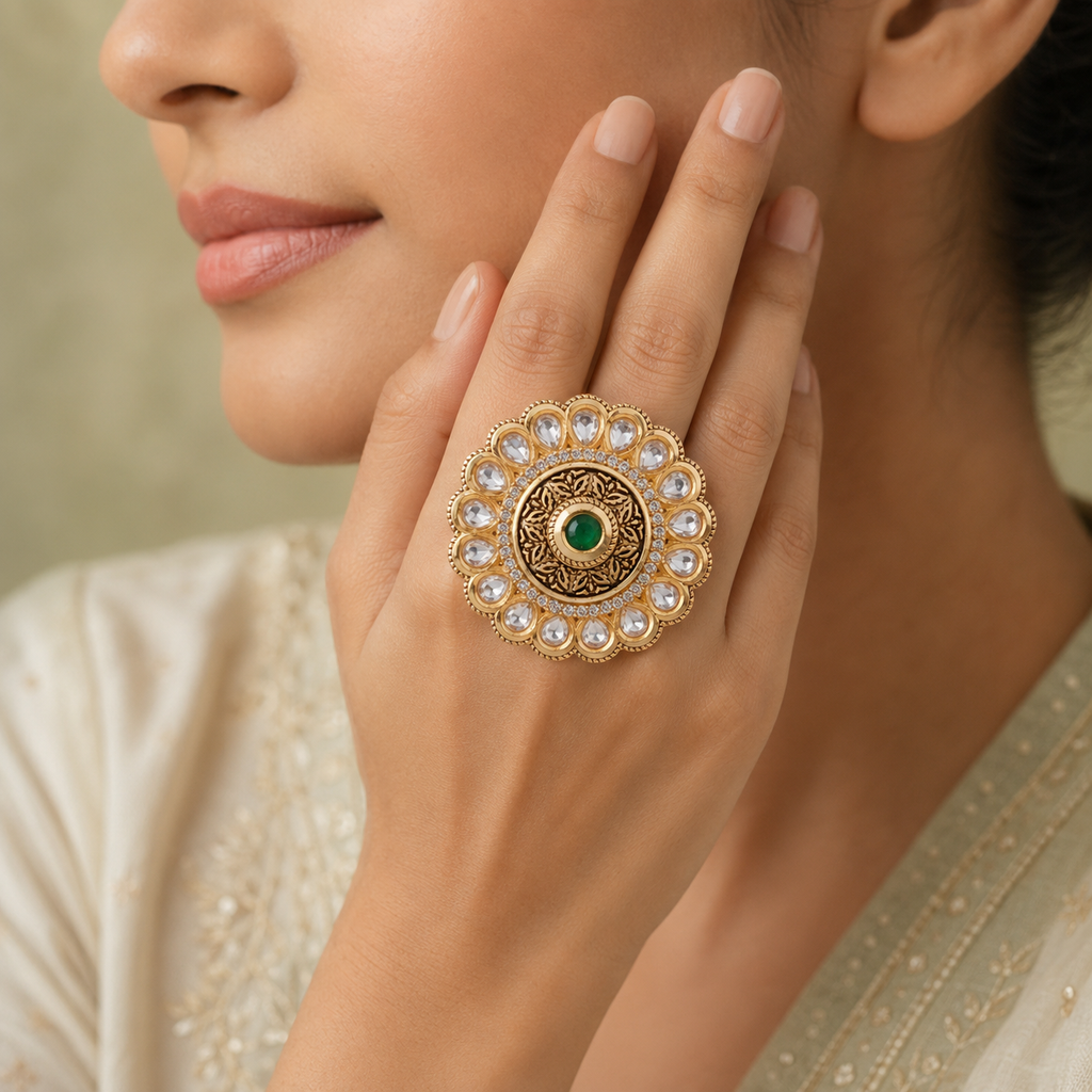 Rajvi Antique Gold Kundan-Look Statement Ring