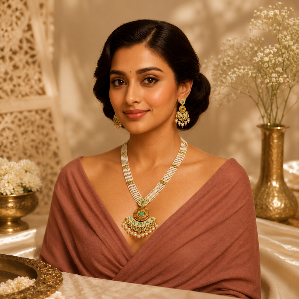Rajvika mint artificial necklace set with ivory bead strands and matching earrings