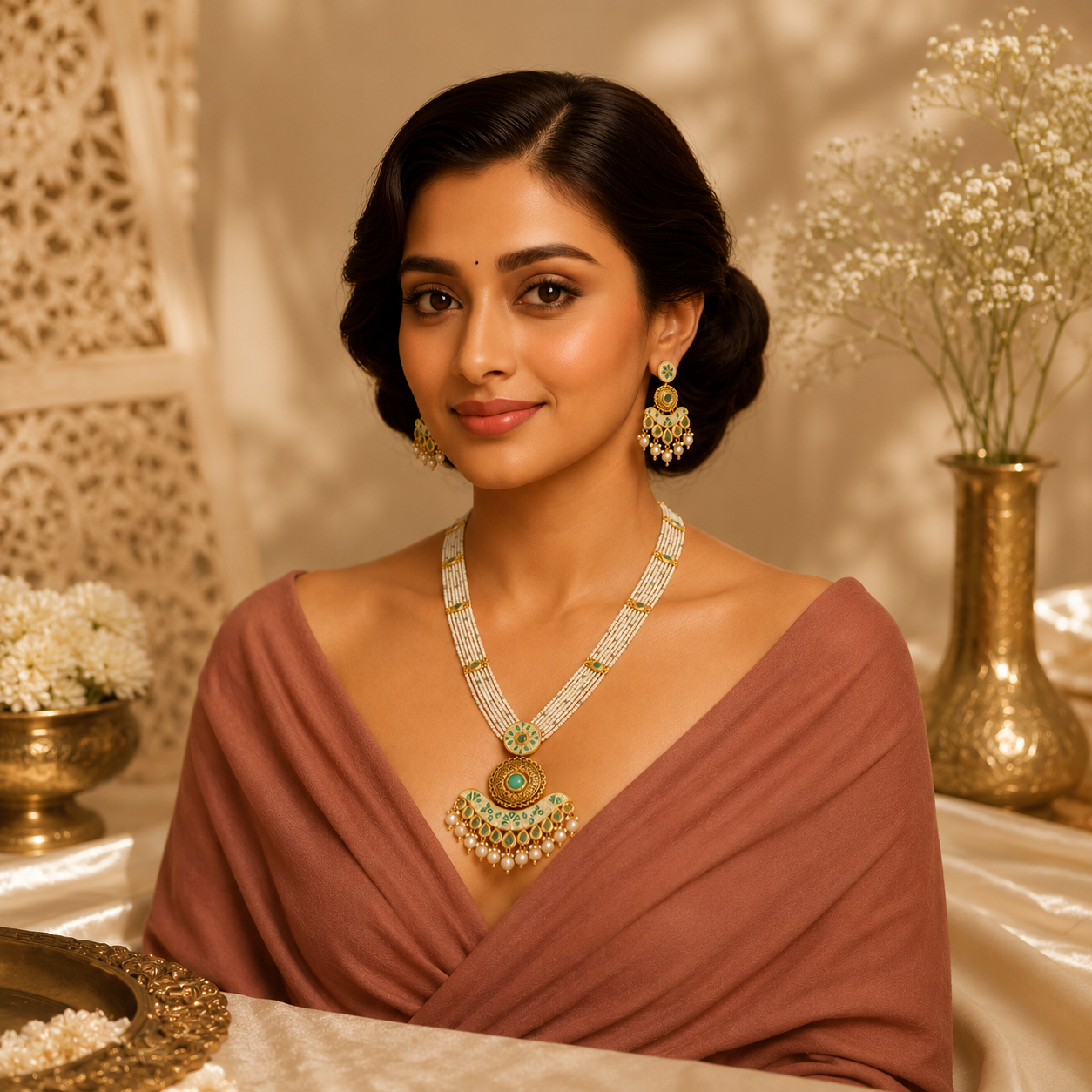 Rajvika mint artificial necklace set with ivory bead strands and matching earrings