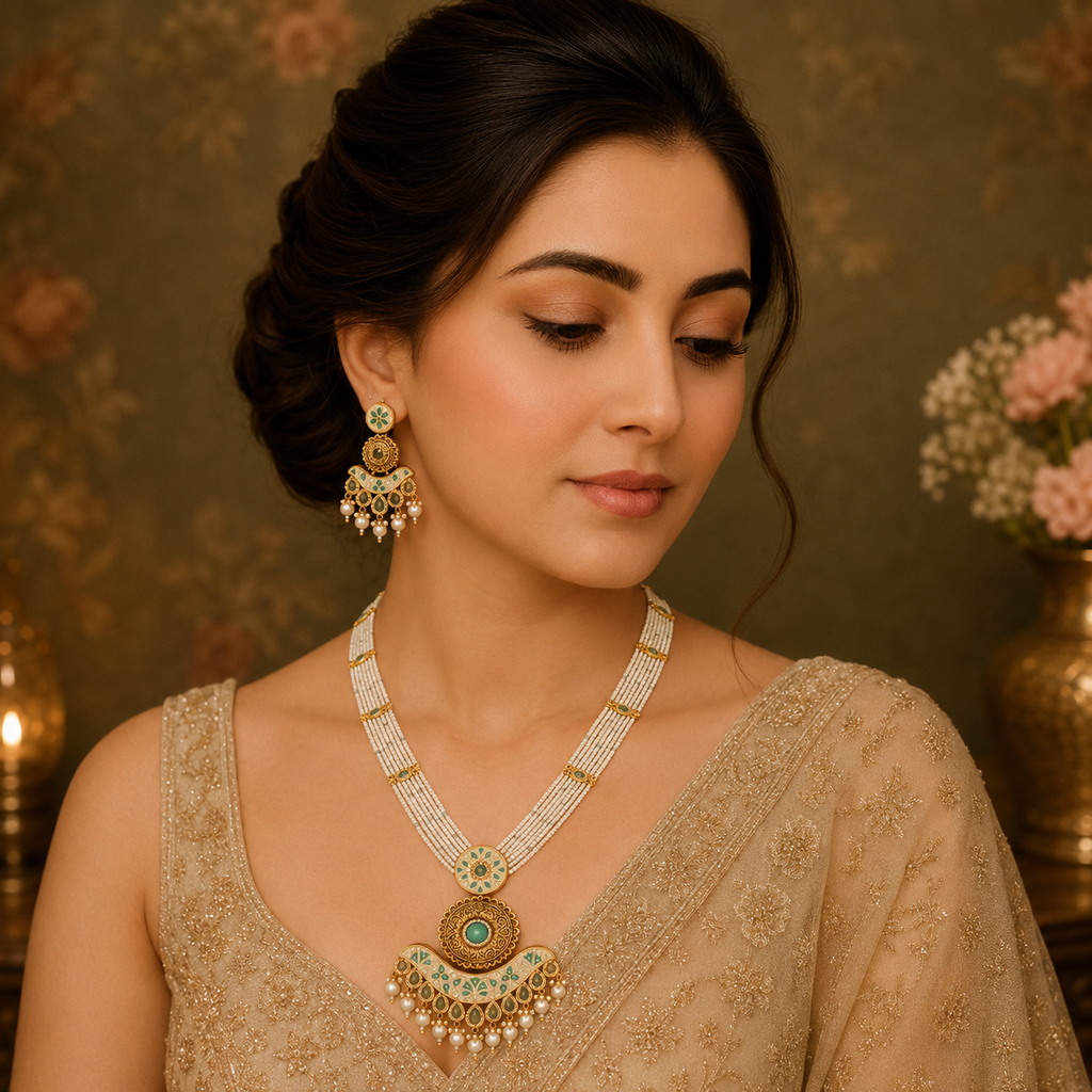 Rajvika mint and ivory artificial jewellery set styled with a rose-colour outfit