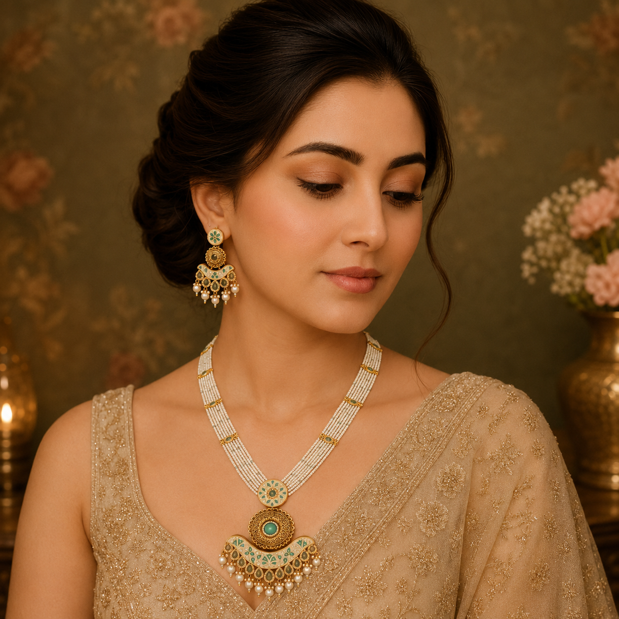 Rajvika mint and ivory artificial jewellery set styled with a rose-colour outfit