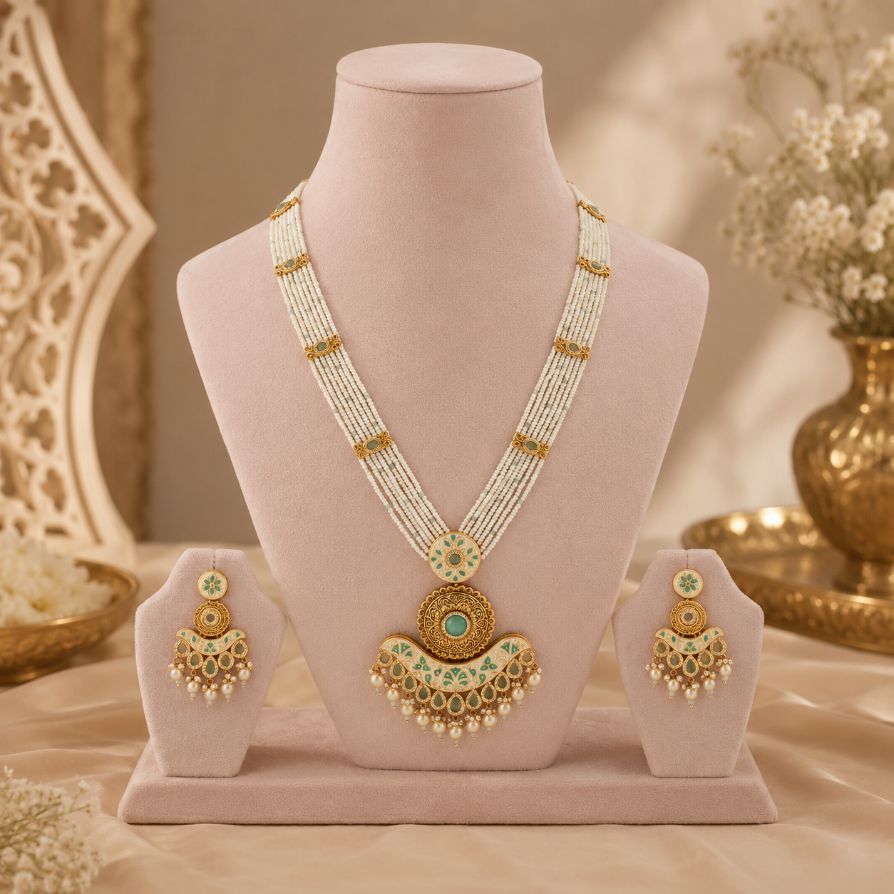 Mint-green imitation necklace set with ornate pendant and pearl-look drops