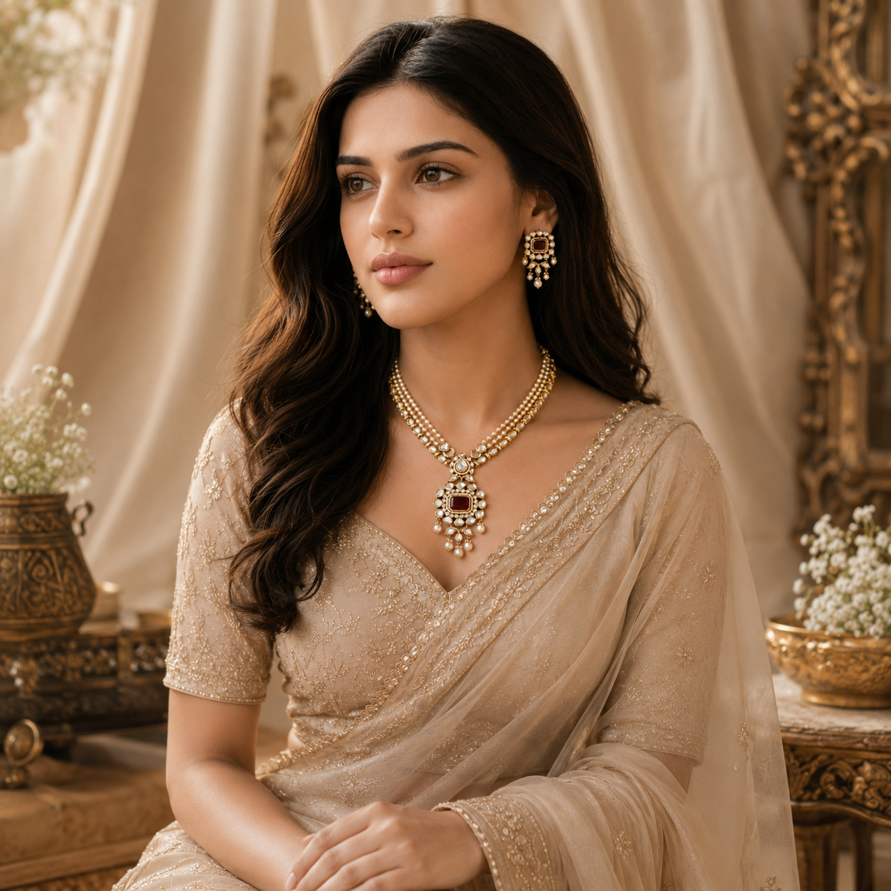 Rajvika Ruby Pearl Diamond Necklace Set on model