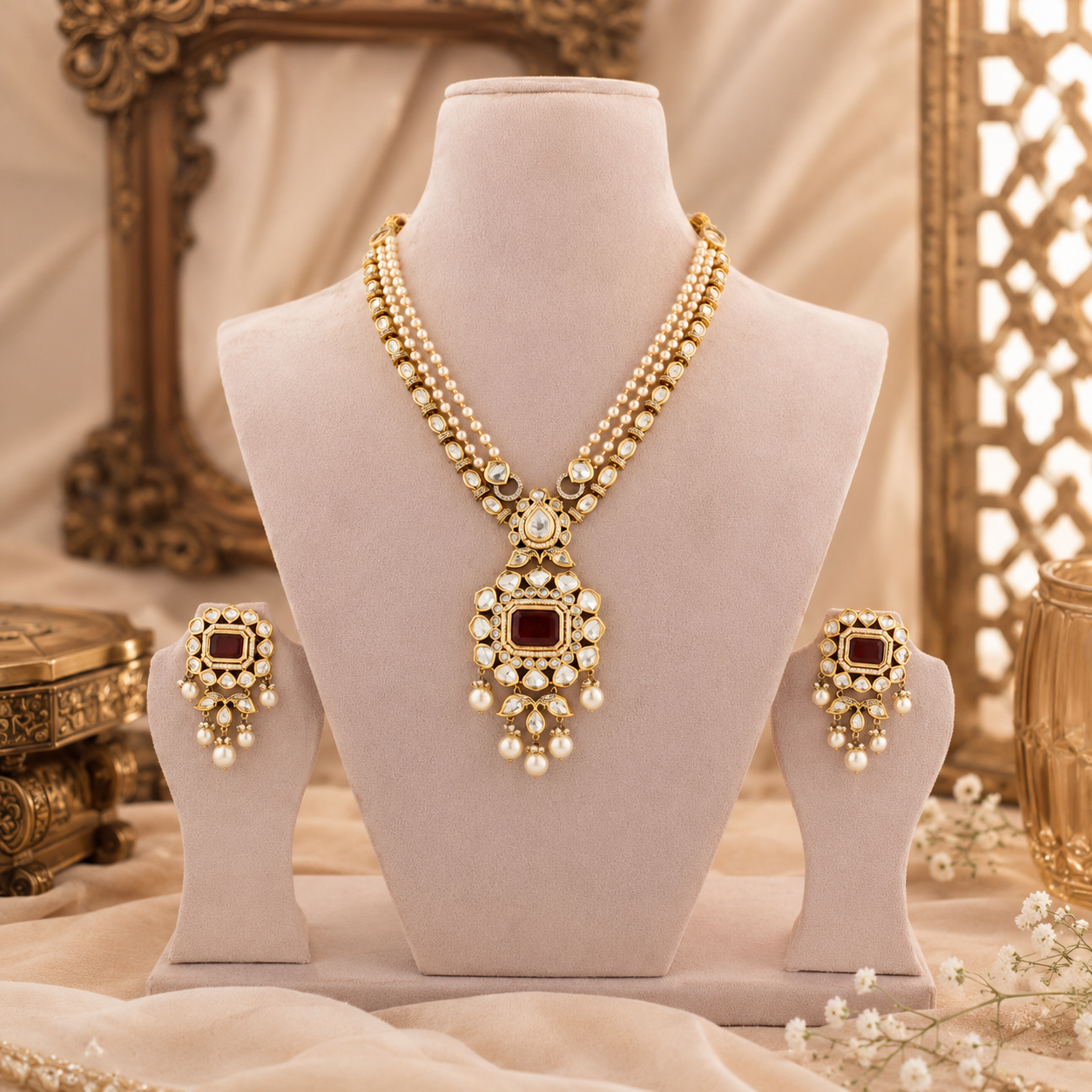 Rajvika Ruby Pearl Diamond Necklace Set by Zoi Craft
