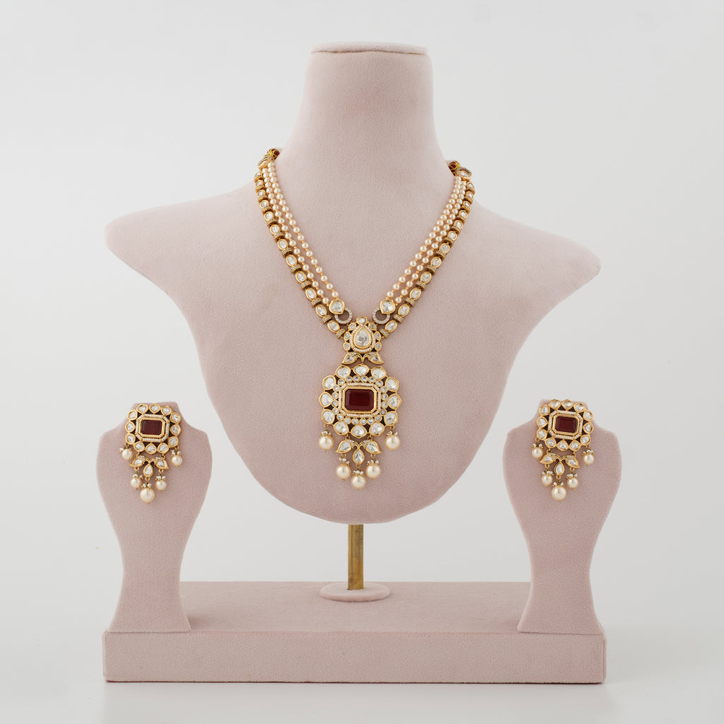 Rajvika Ruby Pearl Diamond Necklace Set front view