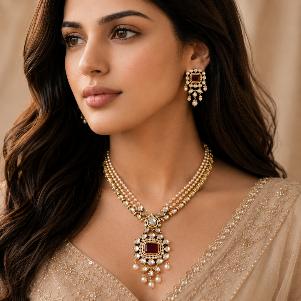 Rajvika Ruby Pearl Diamond Necklace Set with earrings
