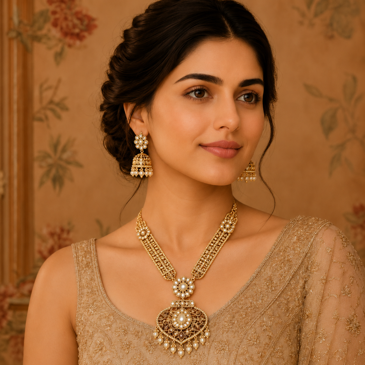 Rajwada Ruby Pearl Long Necklace Set on model with jhumka earrings