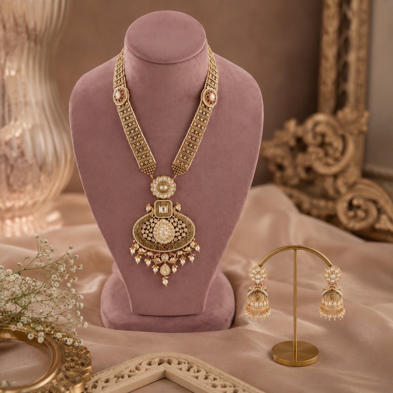 Rajwada Ruby Pearl Long Necklace Set for bridal and festive ethnic wear