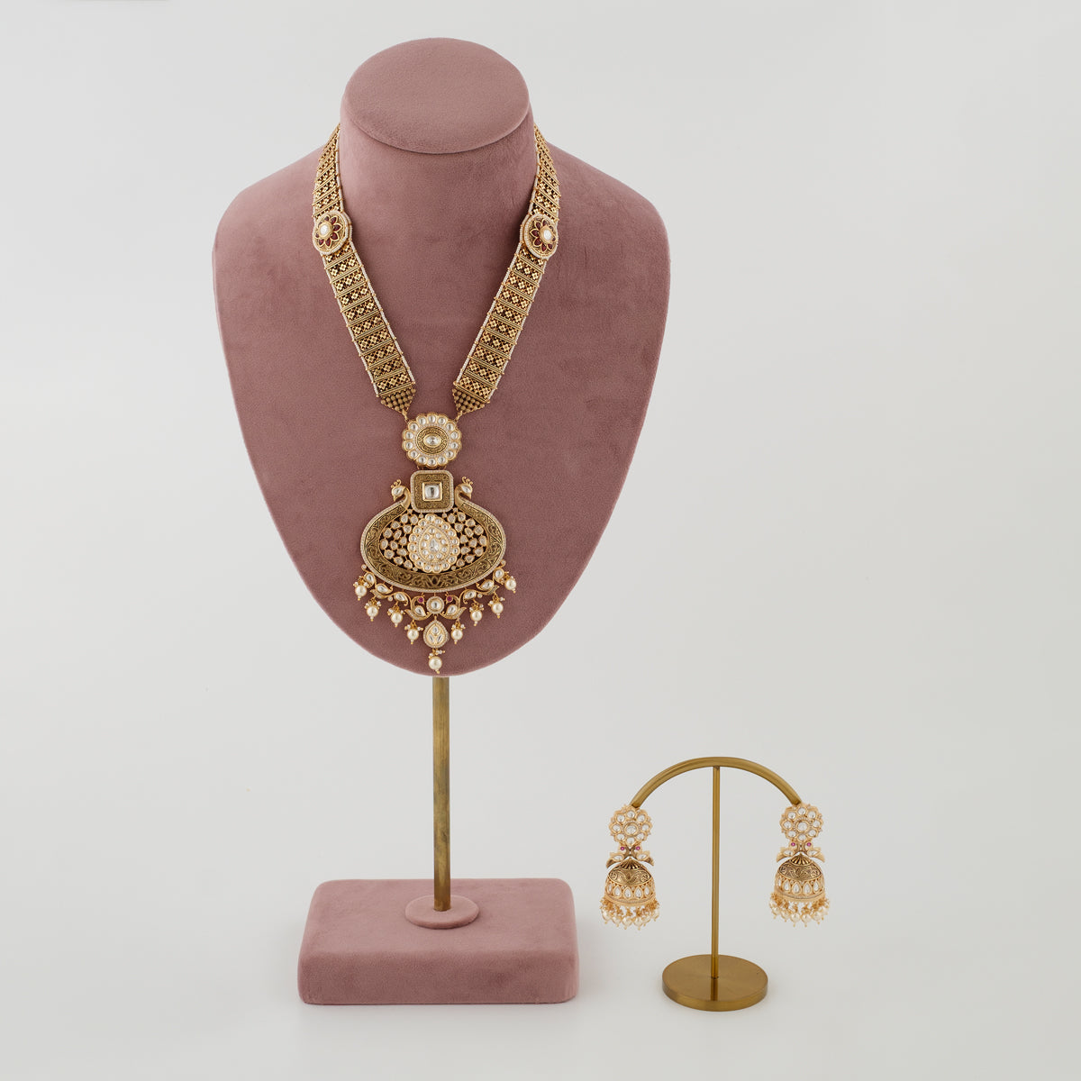 Rajwada Ruby Pearl Long Necklace Set with gold tone finish and ruby stones