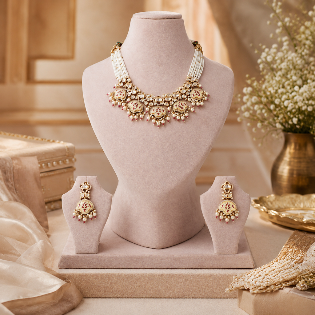 Raktangi Red Meenakari Pearl Necklace Set with earrings