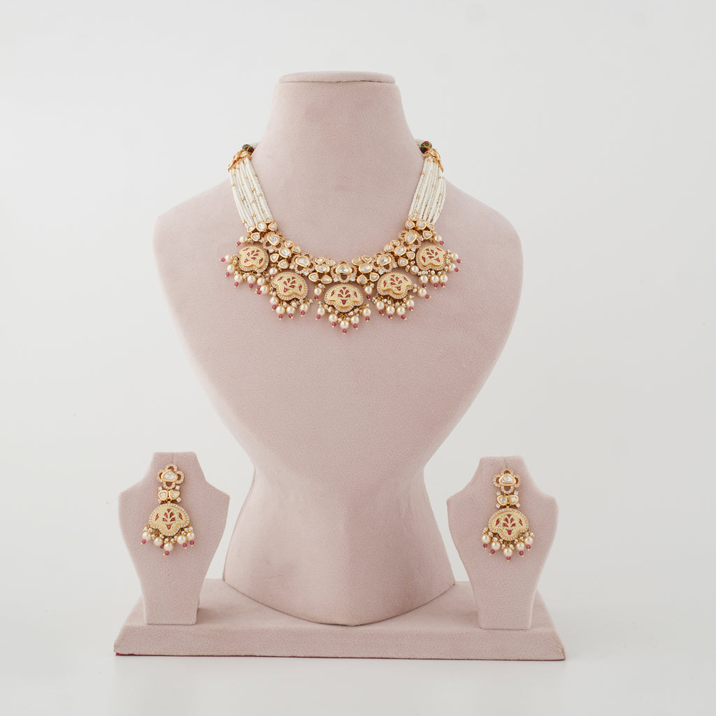 Raktangi Red Meenakari Pearl Necklace Set front view