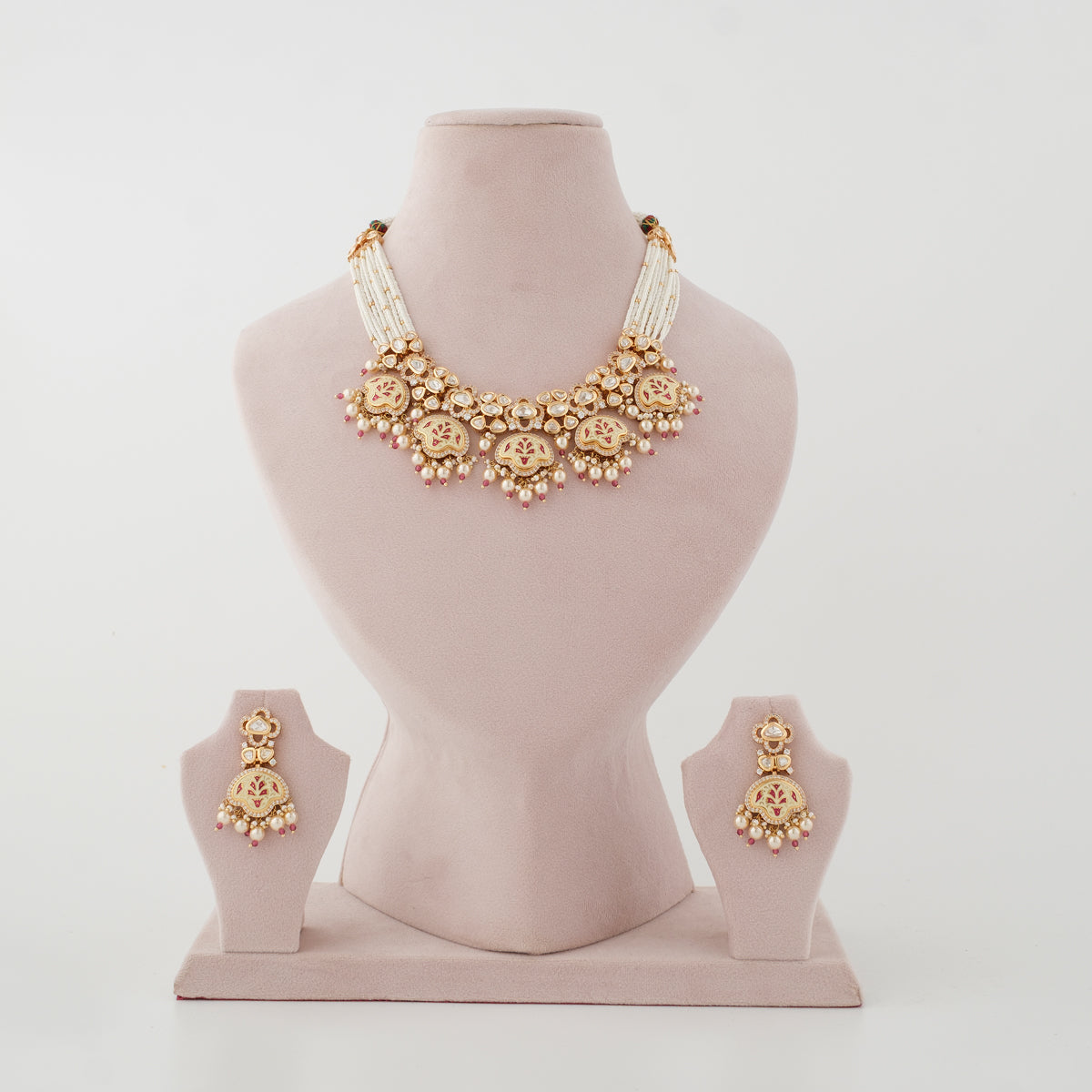 Raktangi Red Meenakari Pearl Necklace Set front view