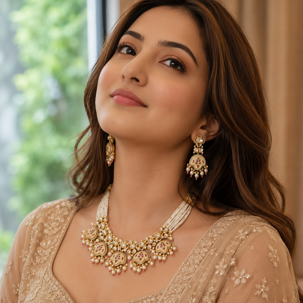 Raktangi Red Meenakari Pearl Necklace Set on model