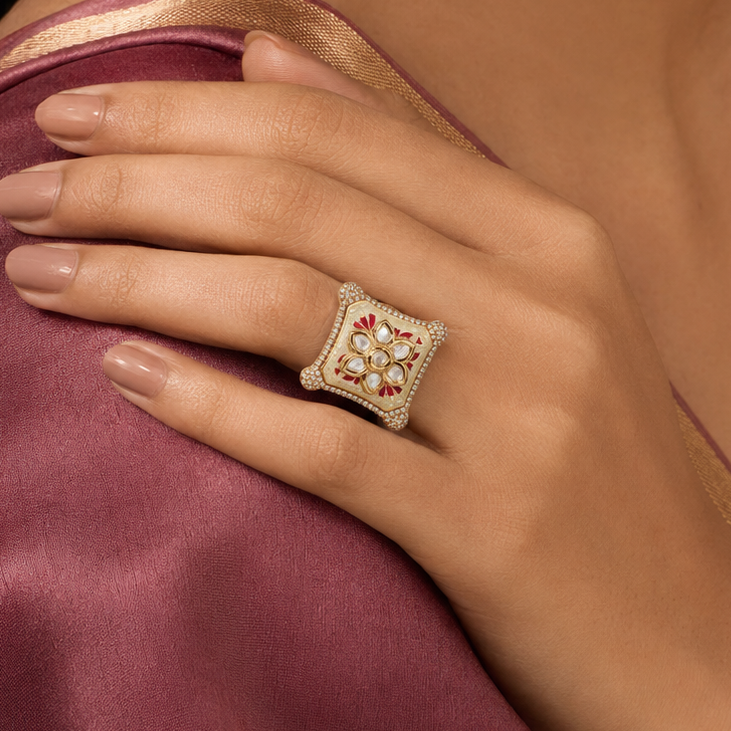 Woman wearing the Riddhi ivory and pink Meenakari square statement ring