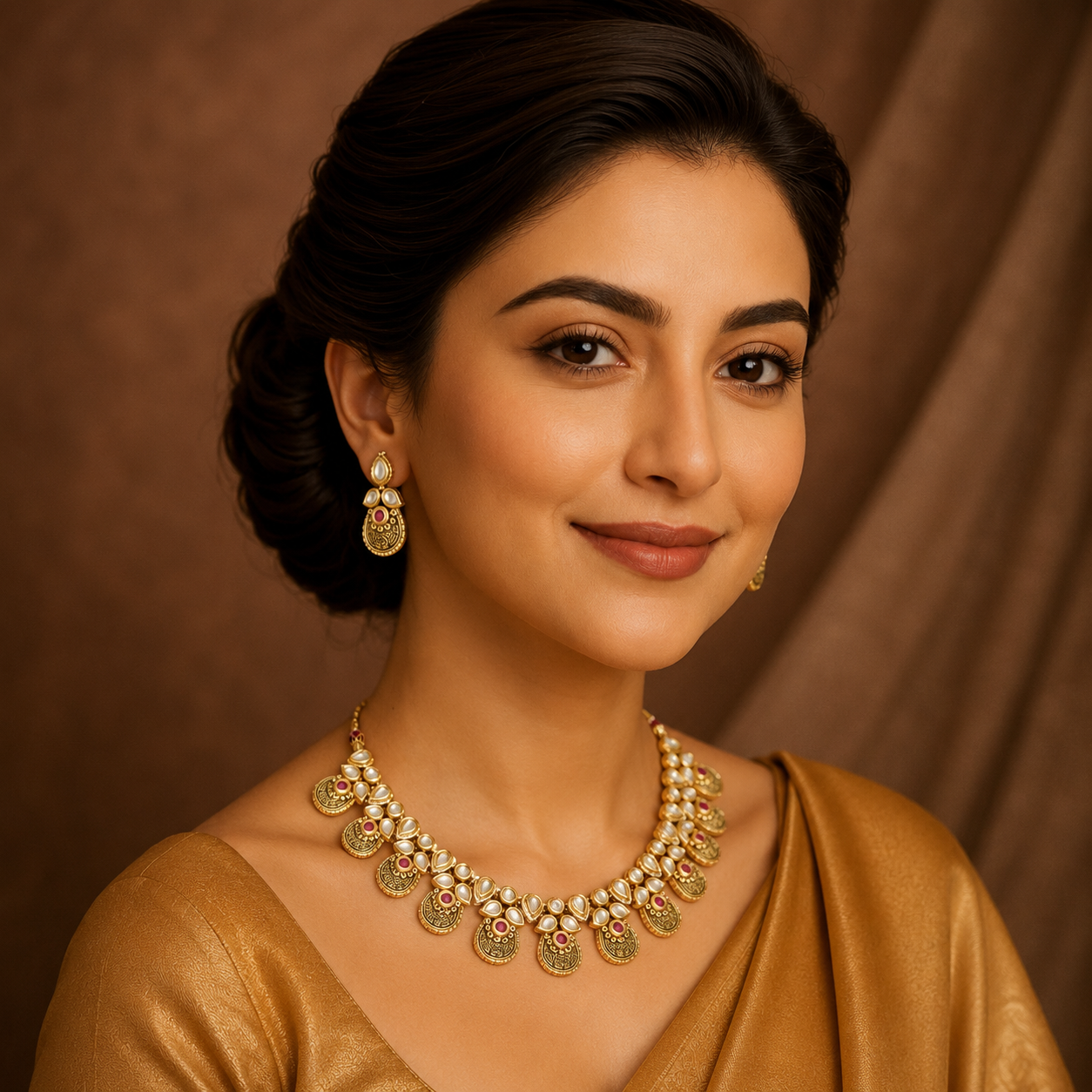 Model wearing Rivanya antique gold bridal necklace set with clear stones and ruby-red accents