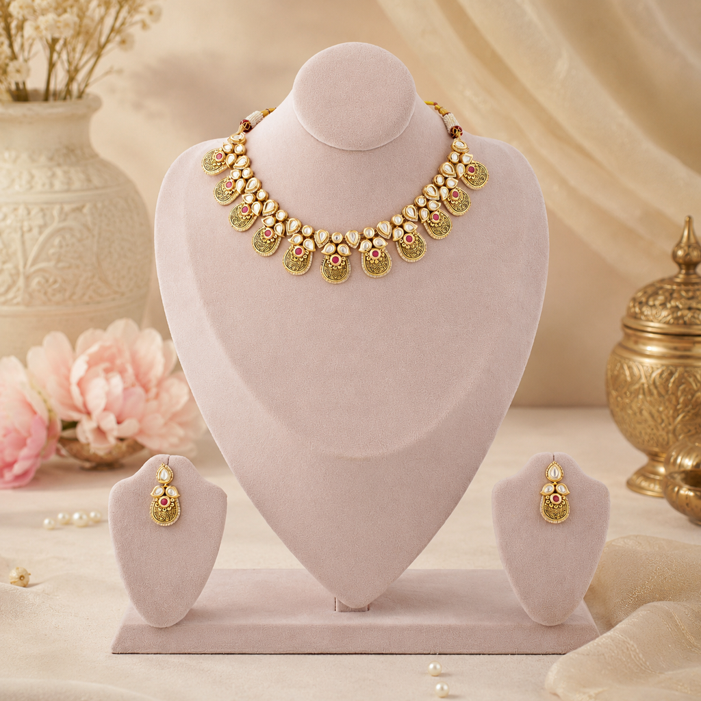 Antique gold-tone imitation necklace set with engraved motifs and matching earrings