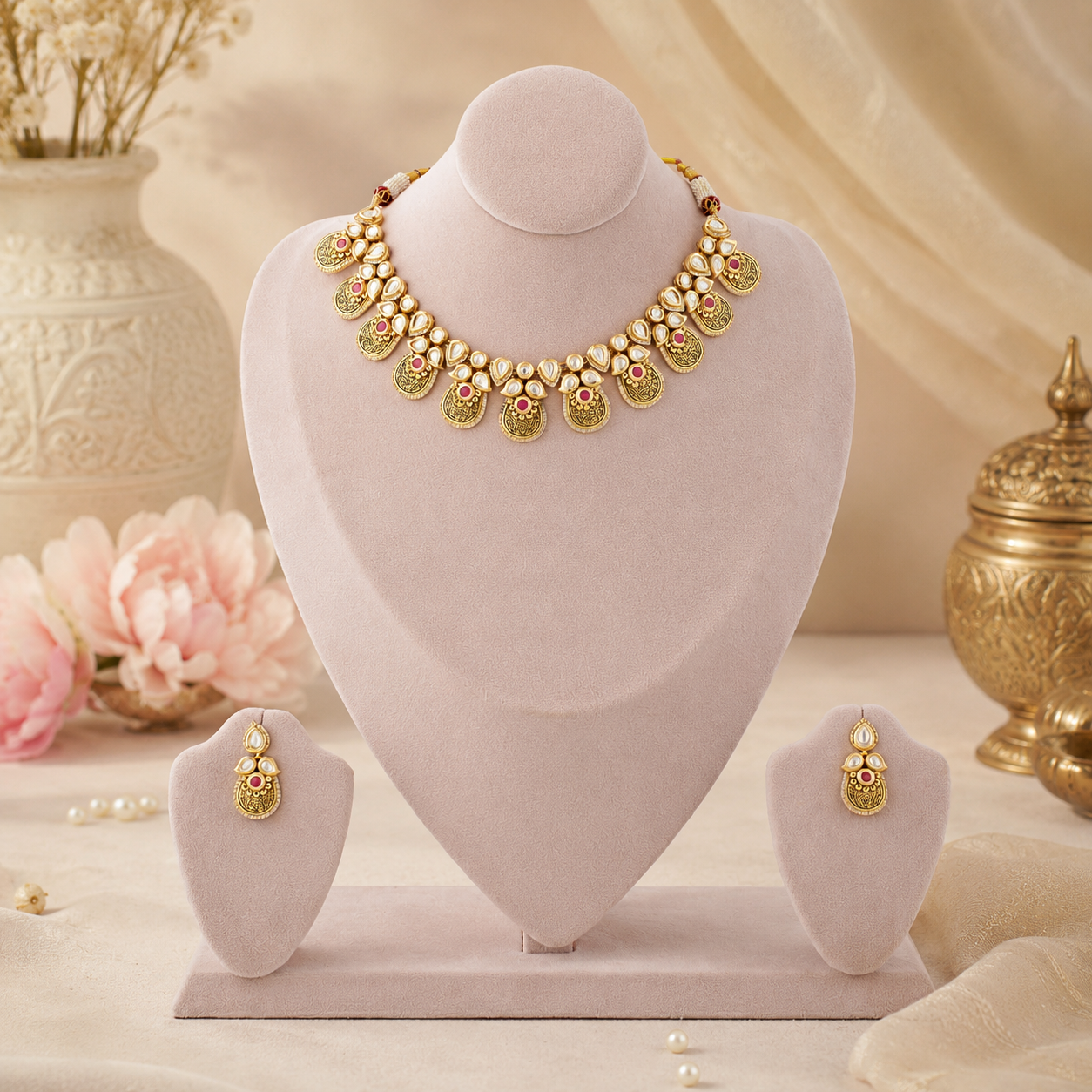 Antique gold-tone imitation necklace set with engraved motifs and matching earrings