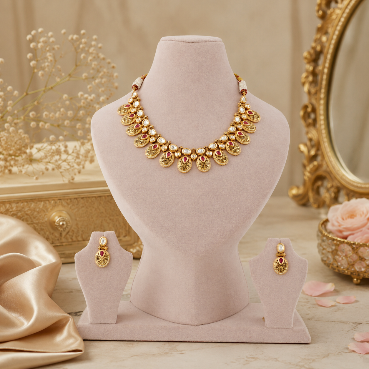 Traditional artificial necklace set with ruby-colour stones and engraved detailing