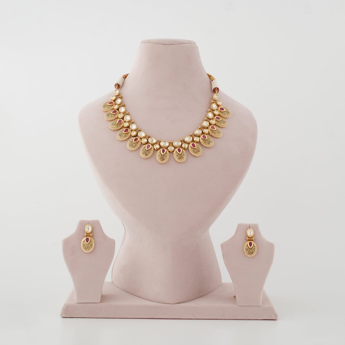 Rohini Ruby Petal Diamond Necklace Set front view