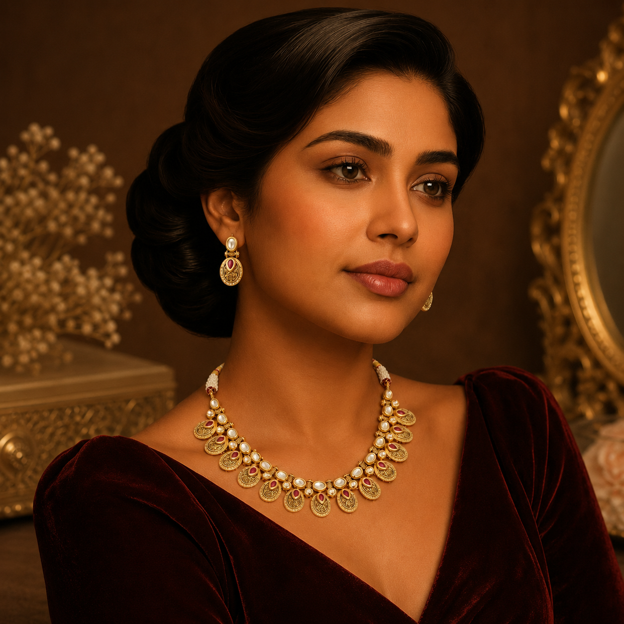 Gold finish ruby petal diamond-look necklace set with matching earrings
