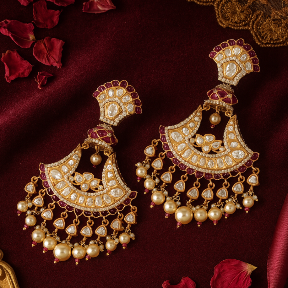 Ornate gold and pearl earrings on a dark red fabric background with red petals.