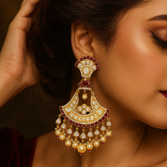 Woman wearing a pair of ornate earrings with a warm, brown background