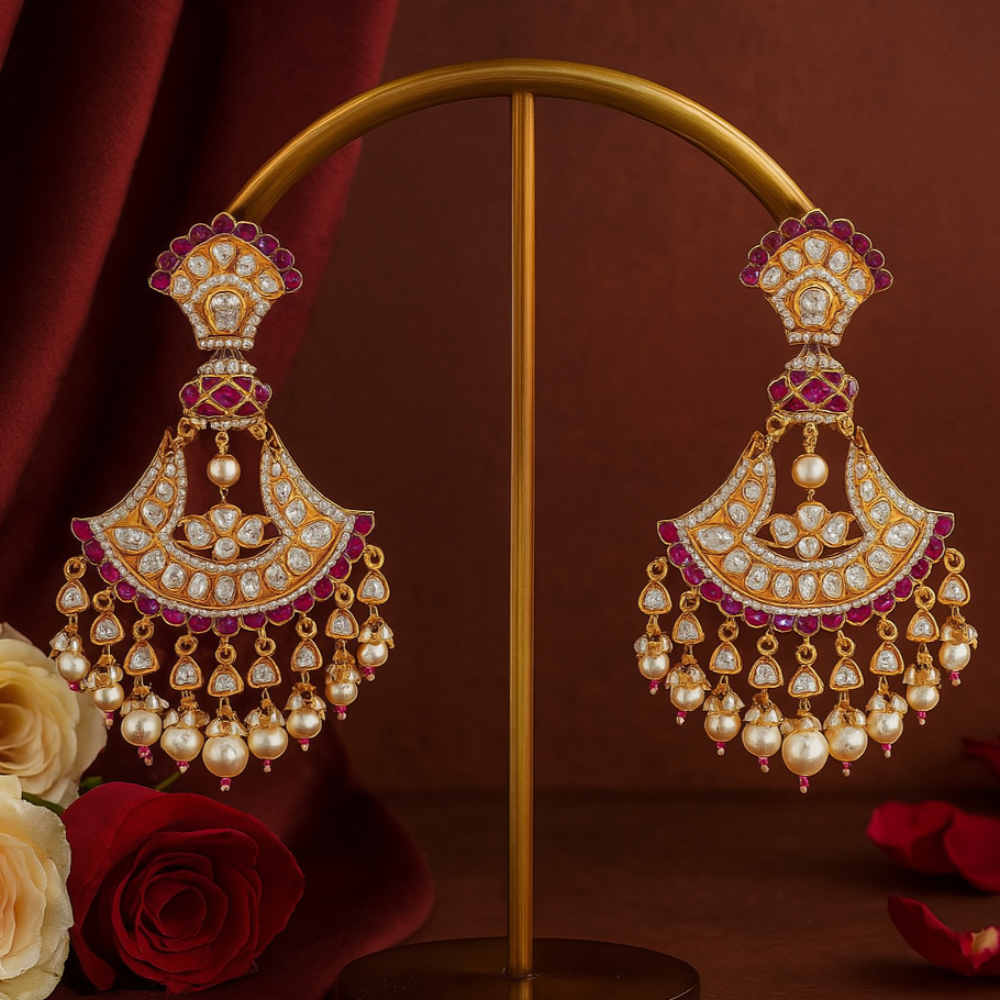 Ornate earrings on a stand with roses and petals on a dark background