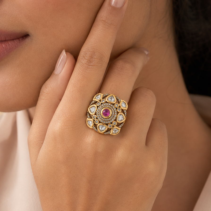Ruhani designer cocktail ring styled on a woman’s hand