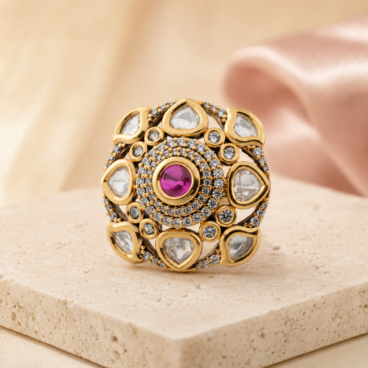 Ruhani artificial statement finger ring with openwork design, angled view