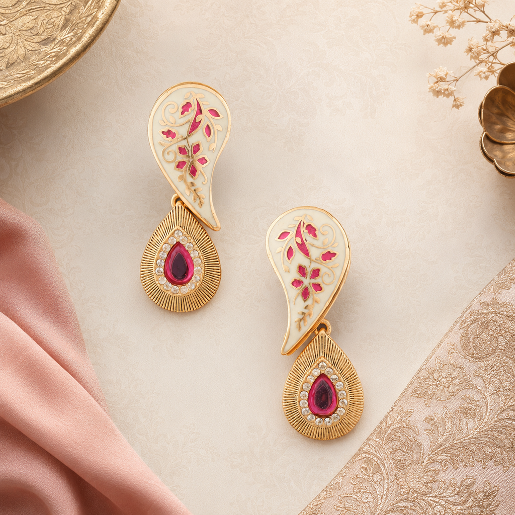 Ruhani ivory Meenakari paisley earrings displayed on an ivory background with rose-pink fabric