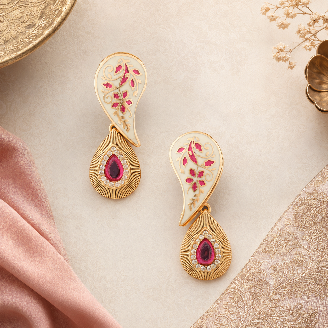 Ruhani ivory Meenakari paisley earrings displayed on an ivory background with rose-pink fabric
