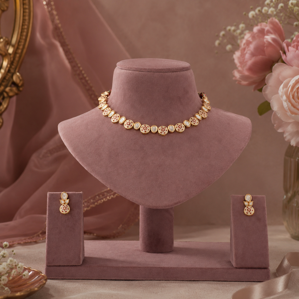 Red meenakari diamond-look choker set with matching earrings