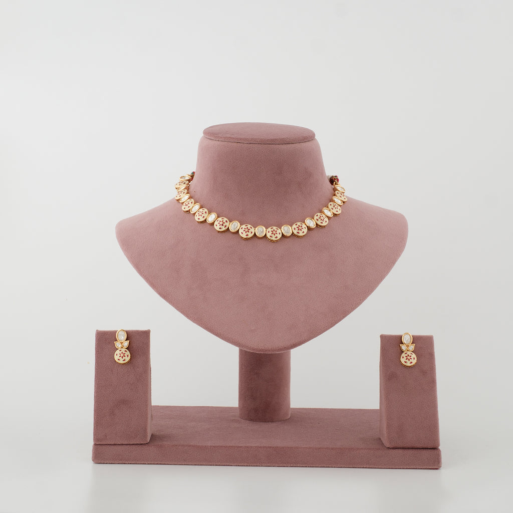 Ruhani Red Meenakari Diamond Choker Set front view