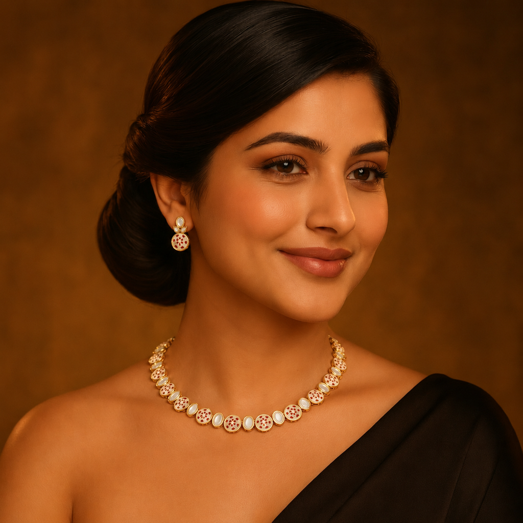 Traditional red meenakari choker set styled on model
