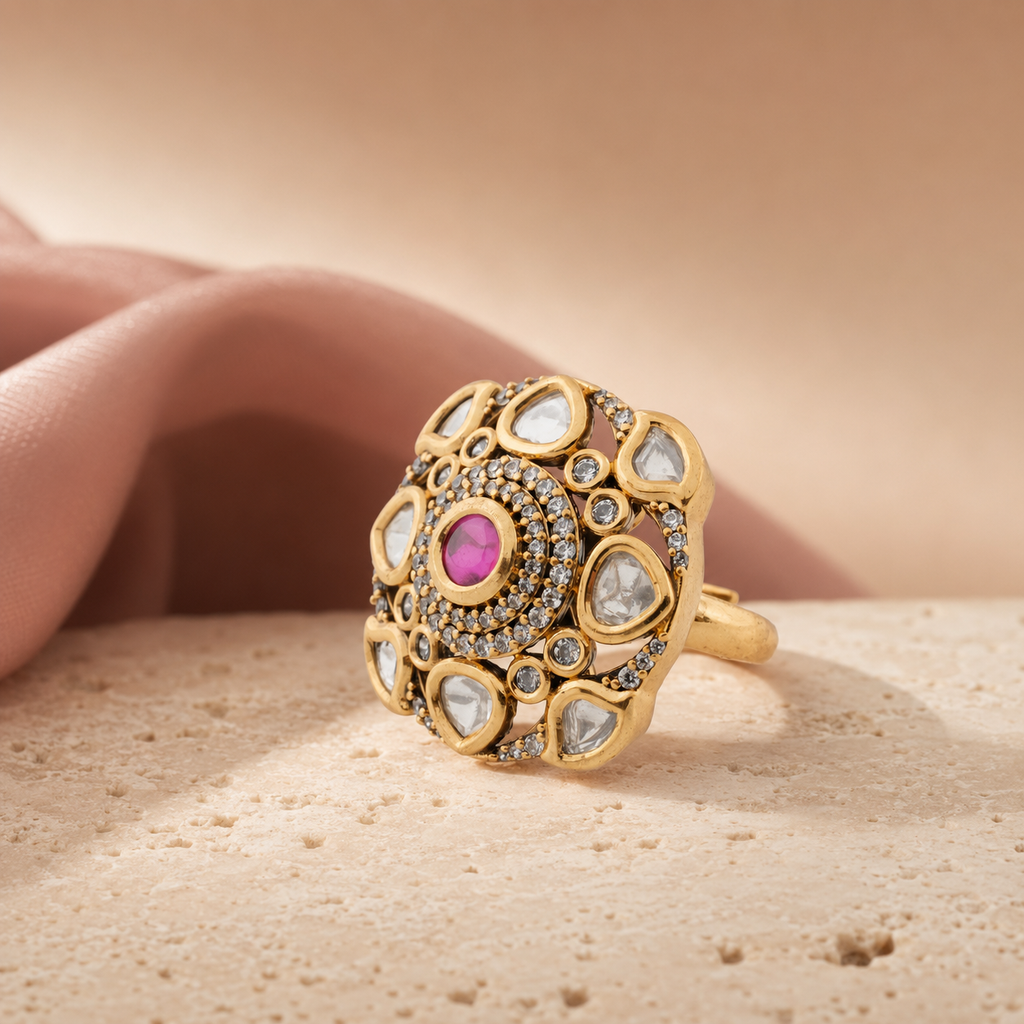 Gold-finish Kundan-look ring with white teardrop stones on a luxury display