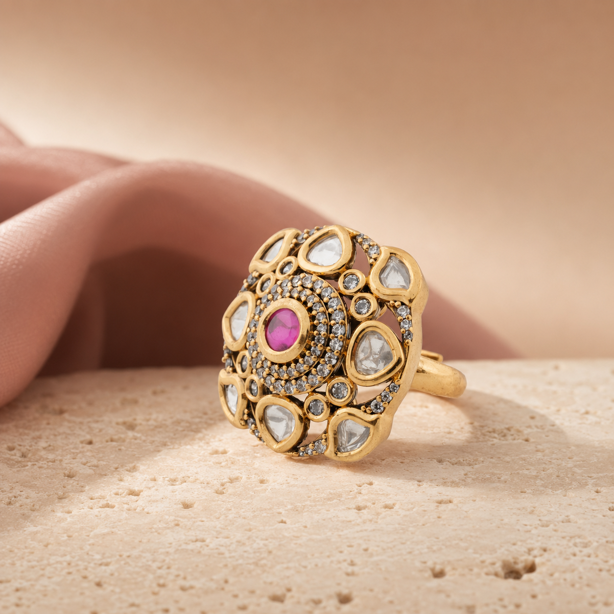 Gold-finish Kundan-look ring with white teardrop stones on a luxury display