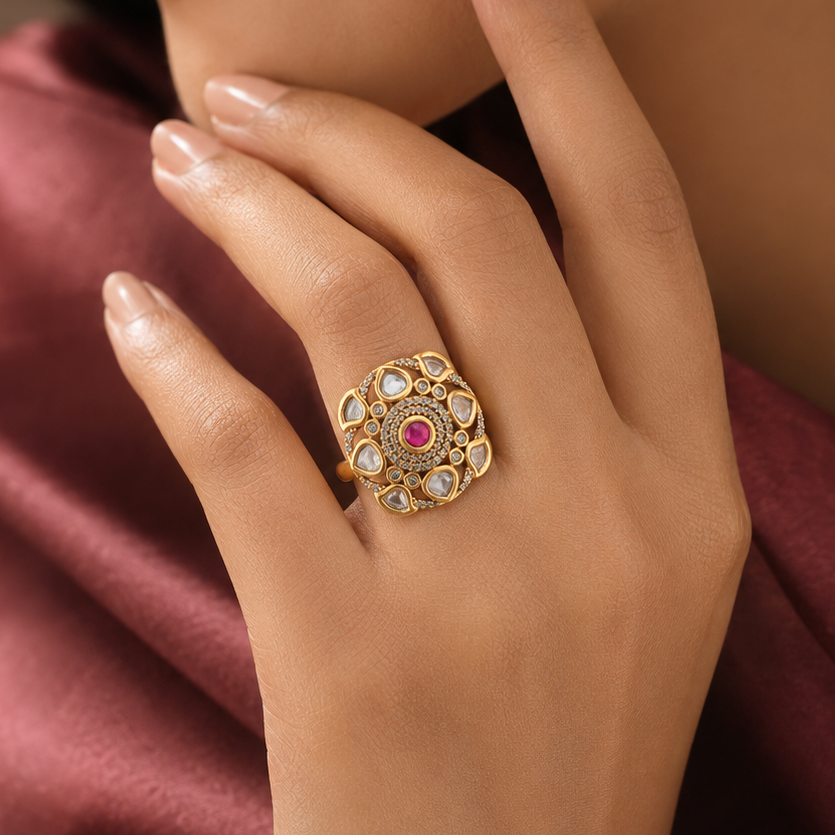 Woman wearing the Ruhani gold-finish Kundan-look statement ring