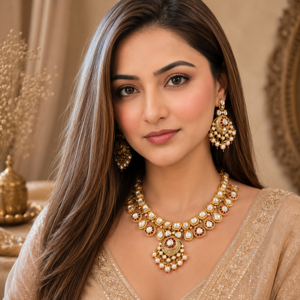 A woman wearing an ornate gold-toned traditional necklace with pearl-like white stones and matching dangling earrings, photographed in a warm beige indoor setting.