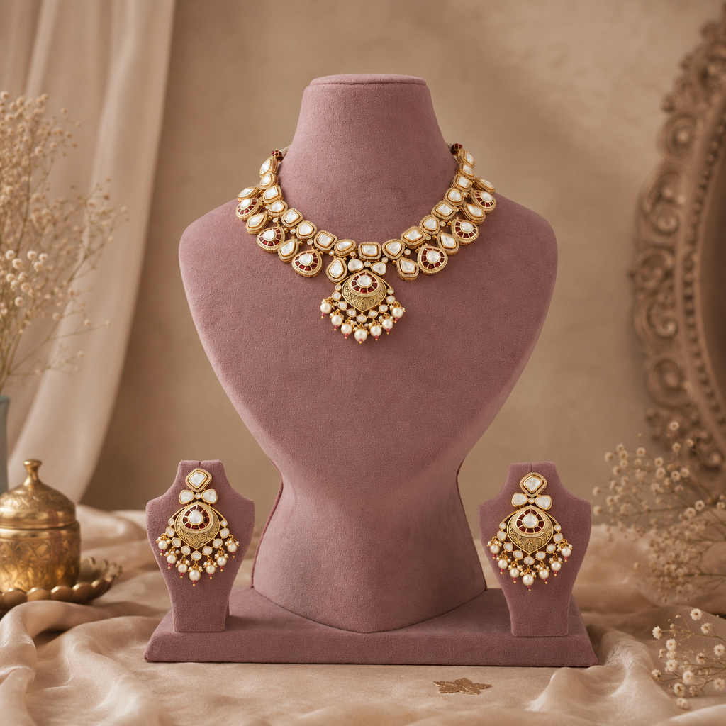Gold-toned Indian jewelry set featuring a statement necklace and matching earrings displayed on mauve velvet mannequin busts, with decorative dried flowers and a gold pot in the background.
