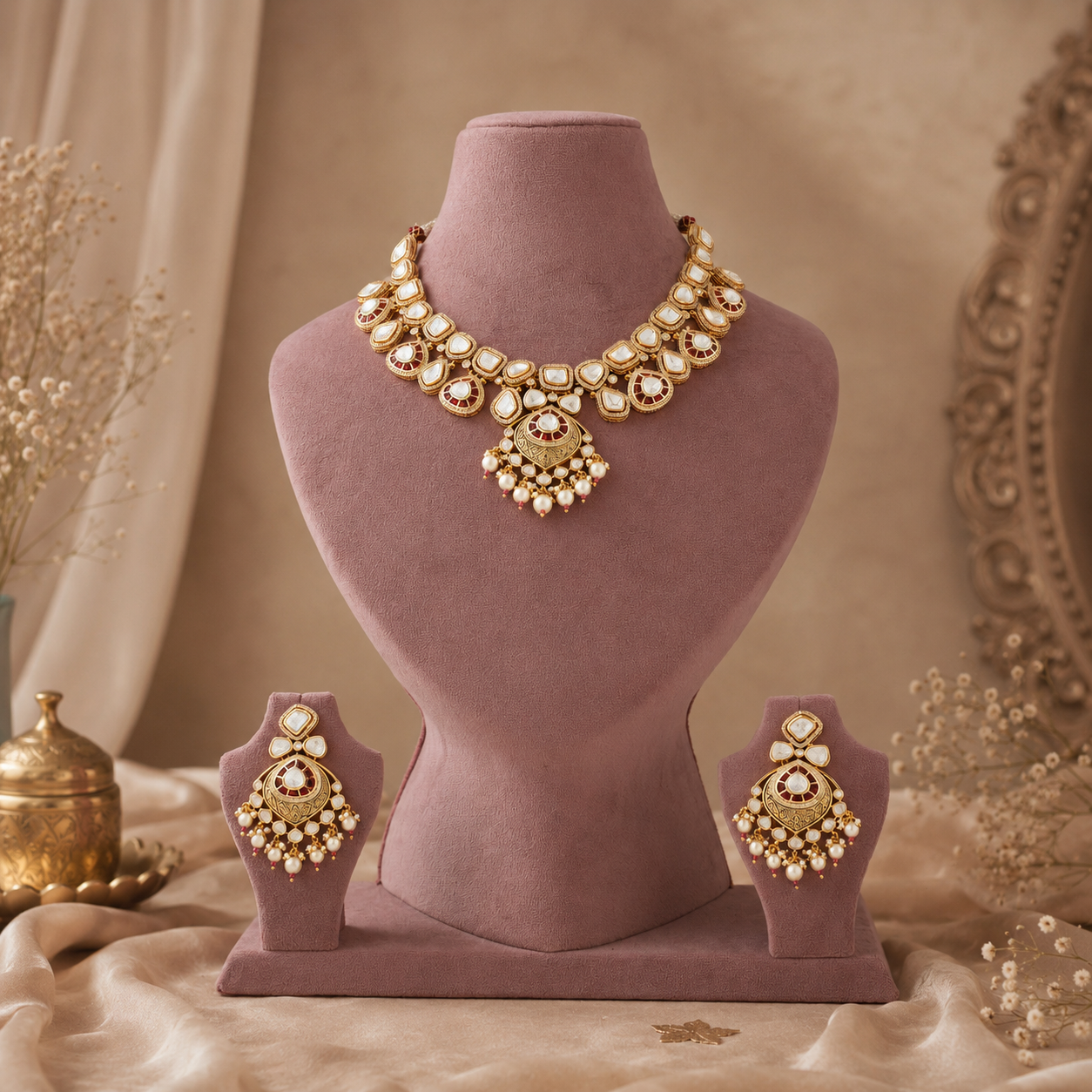 Gold-toned Indian jewelry set featuring a statement necklace and matching earrings displayed on mauve velvet mannequin busts, with decorative dried flowers and a gold pot in the background.
