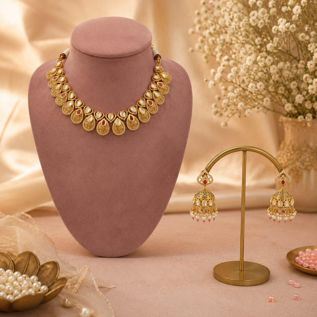 Traditional kundan necklace set with ruby-colour stones and pearl droplets