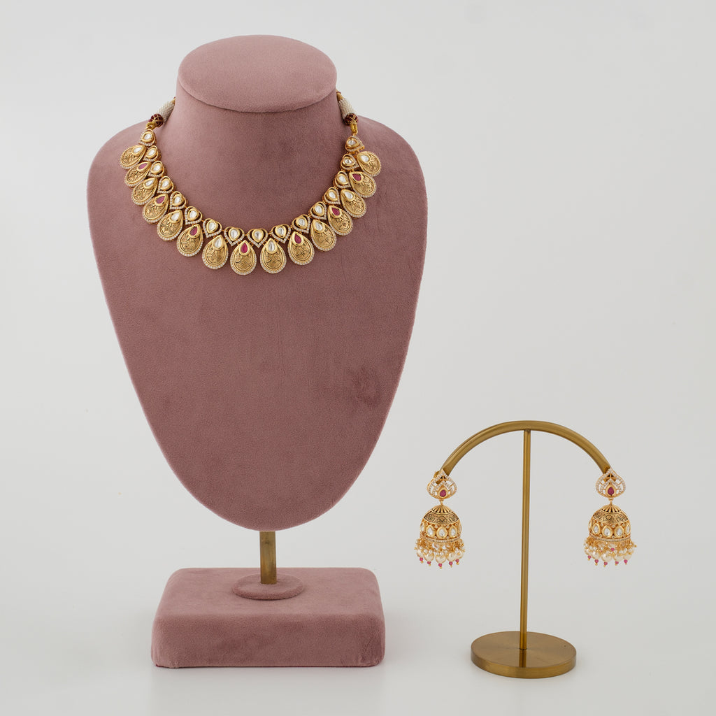 Ruhira Ruby Petal Diamond Necklace Set front view