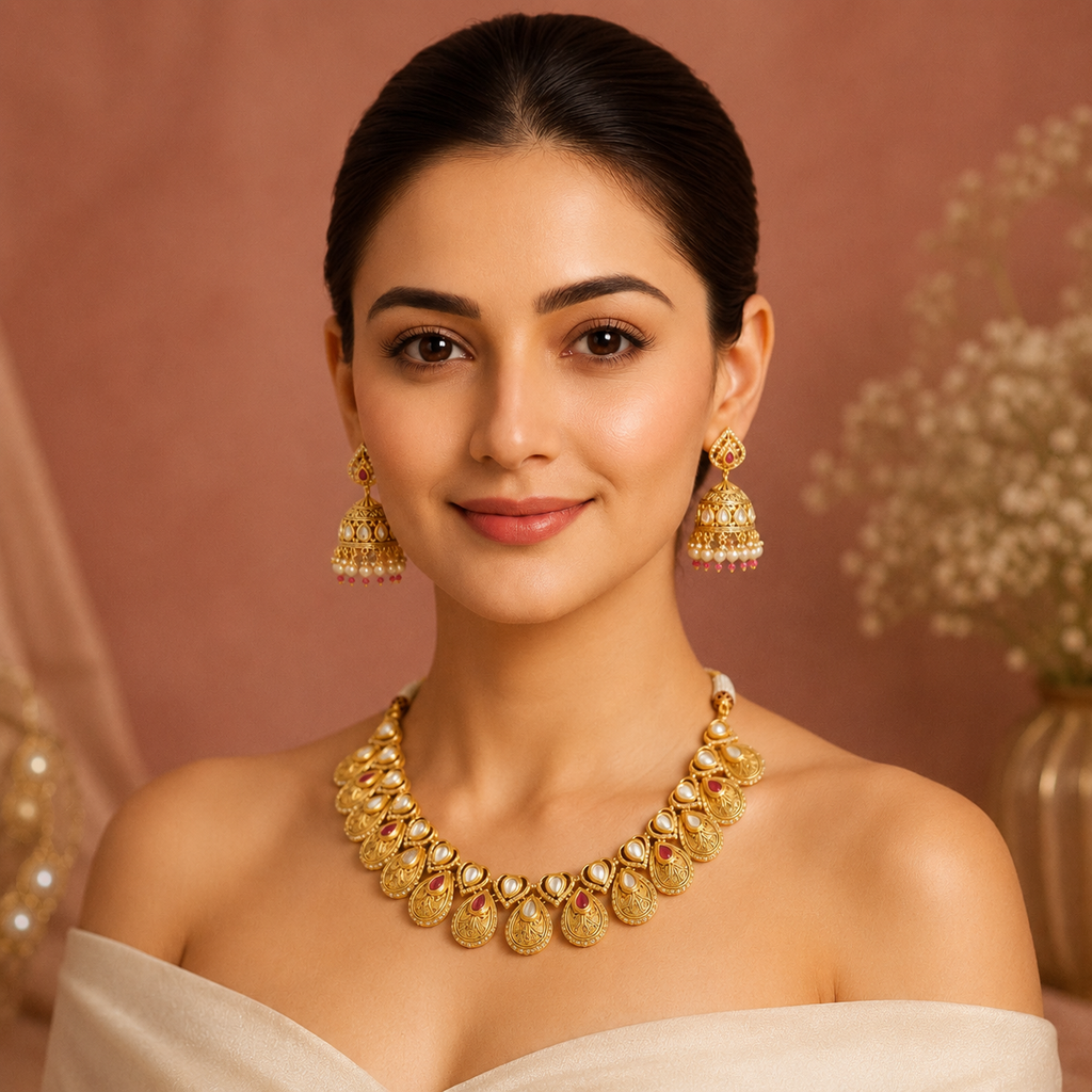 Gold finish ruby petal diamond-look necklace set with jhumka earrings