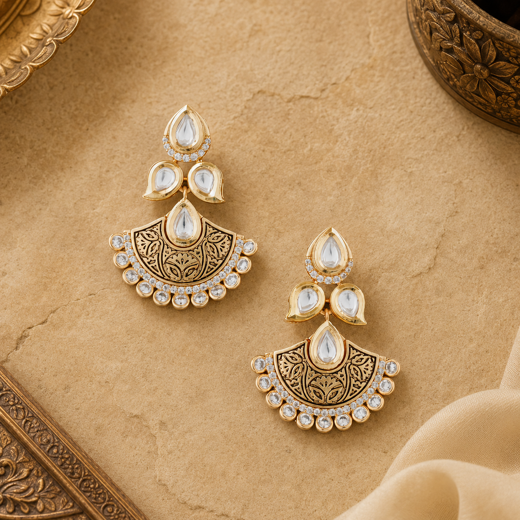 Saanvi antique Kundan fan earrings displayed on warm sandstone with heritage gold props