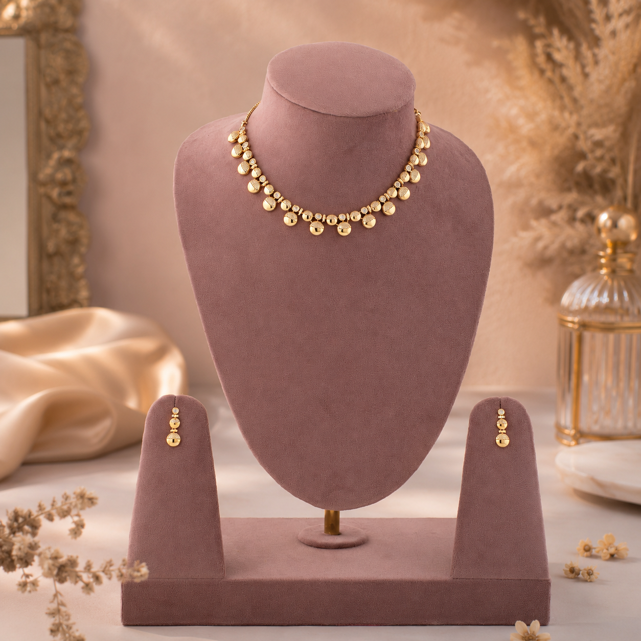 Saanvi Glossy Gold Diamond Necklace Set with glossy gold finish by Zoi Craft
