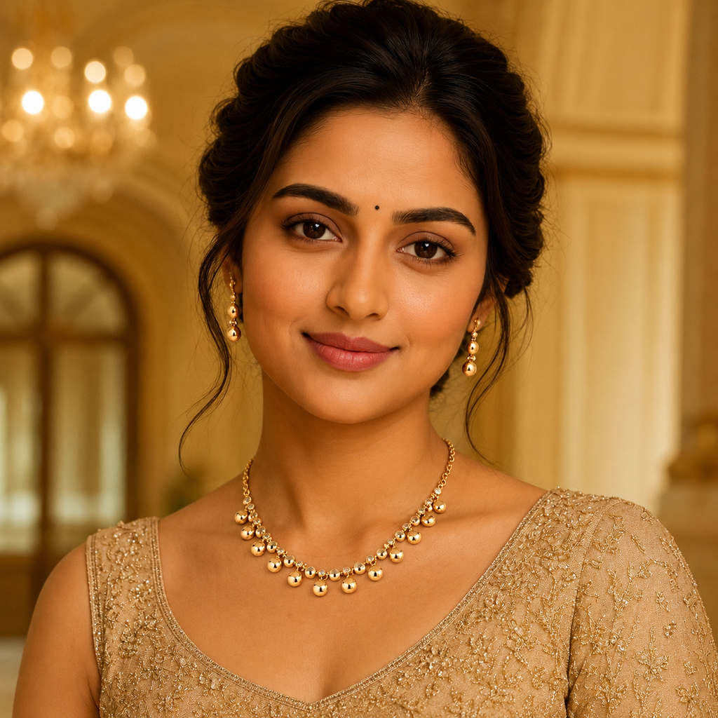 Saanvi Glossy Gold Diamond Necklace Set on model with matching earrings